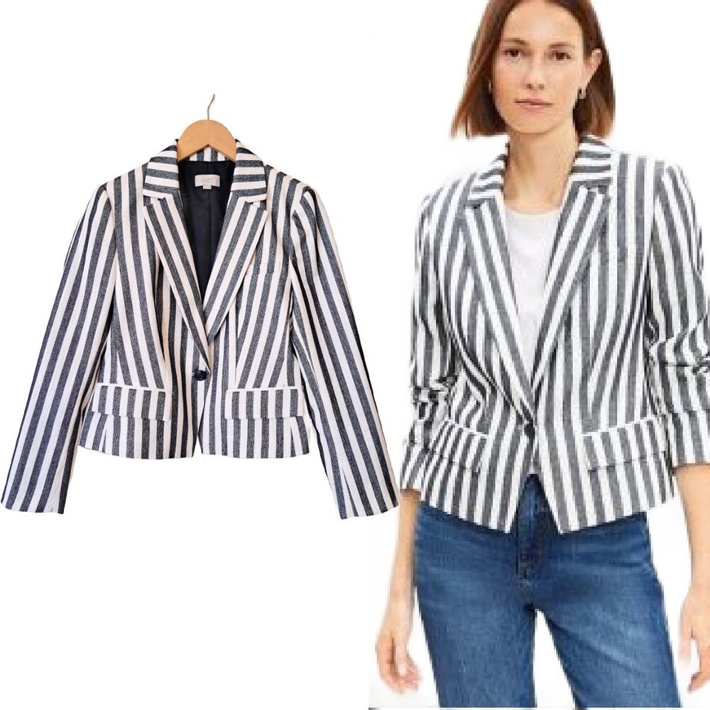 LOFT Navy & White Stripe Textured Modern Blazer Jacket Size 8 Petite Nautical